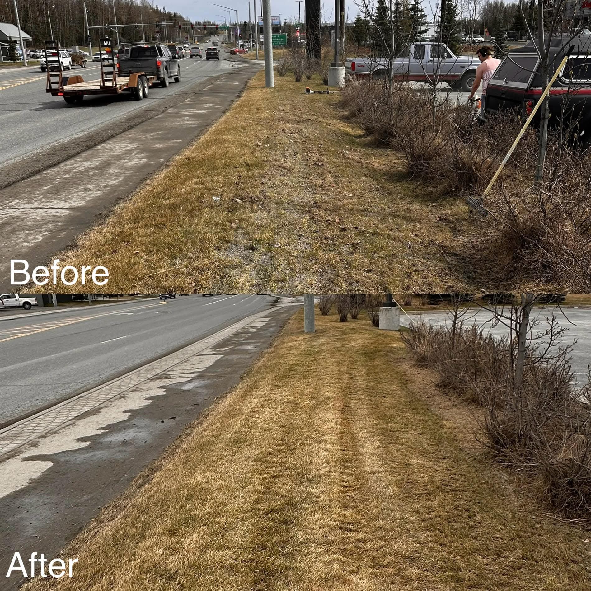 Before and after a commercial roadside cleanup: dead grass and debris along a sidewalk, then the same strip raked and cut clean